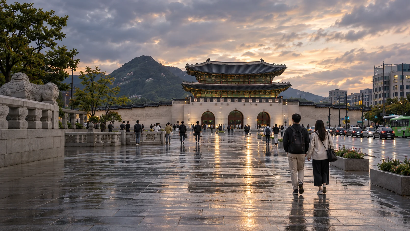 Travelers walking toward Gwanghwamun after the rain in late-afternoon Seoul