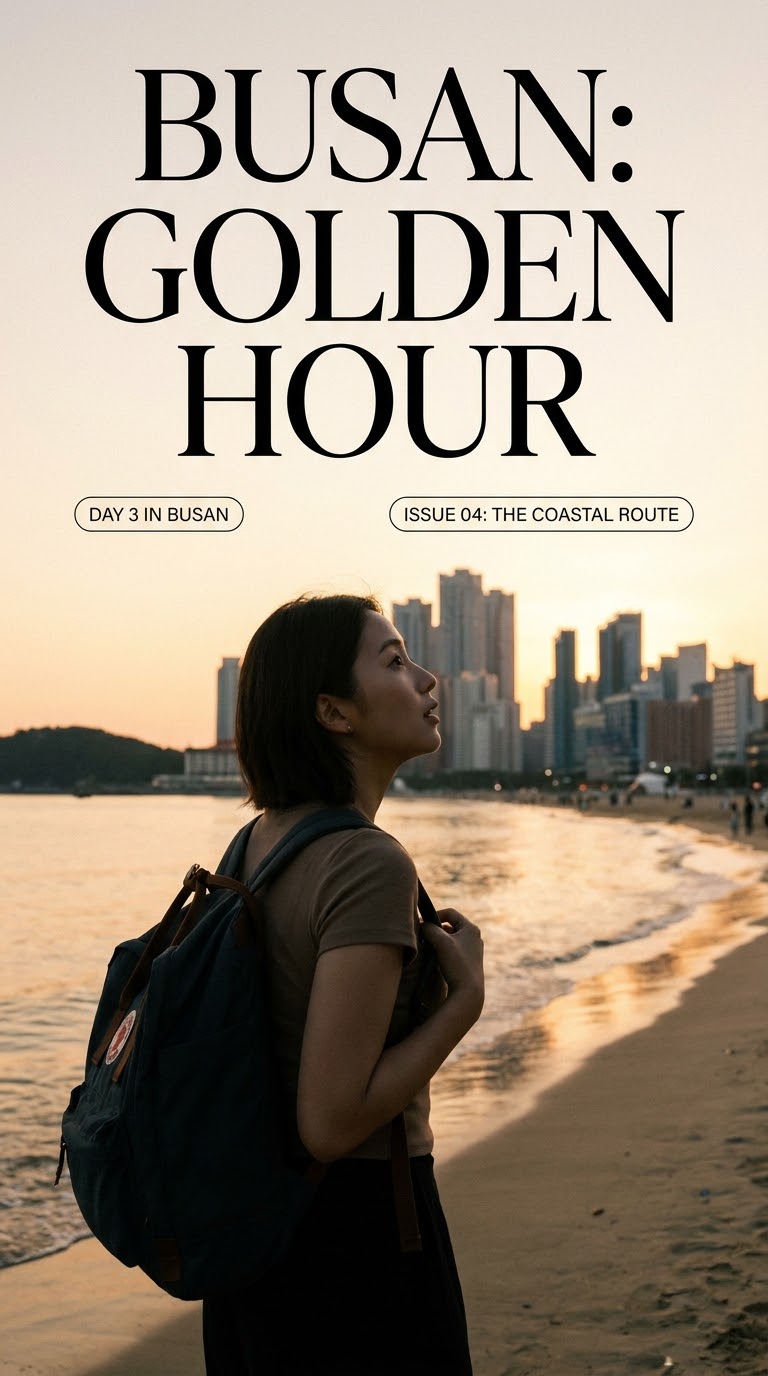 A traveler on a Busan beach at sunset, with the city skyline behind
